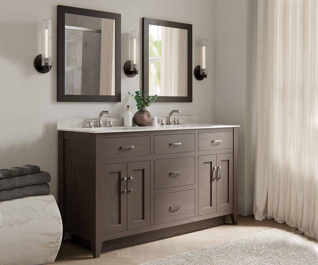 Double vanity bathroom furniture with marble countertop and framed mirrors
