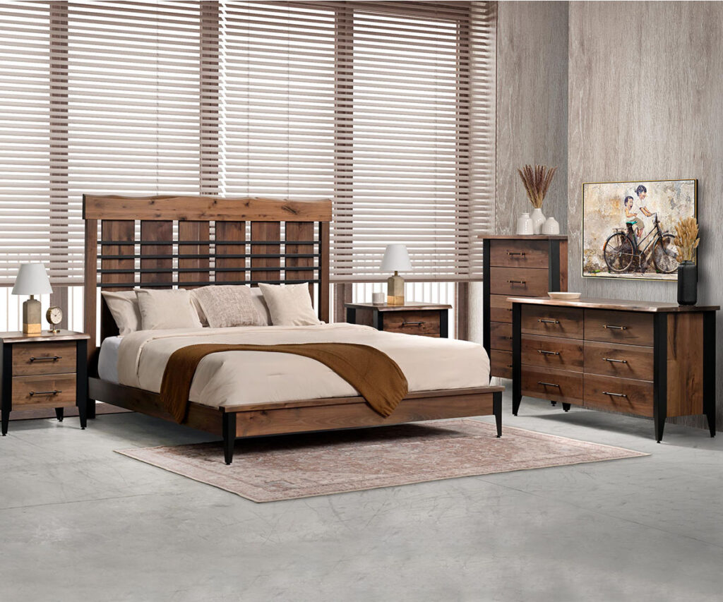 Modern rustic bedroom set with hardwood bed, dresser, and nightstands in a natural wood finish.