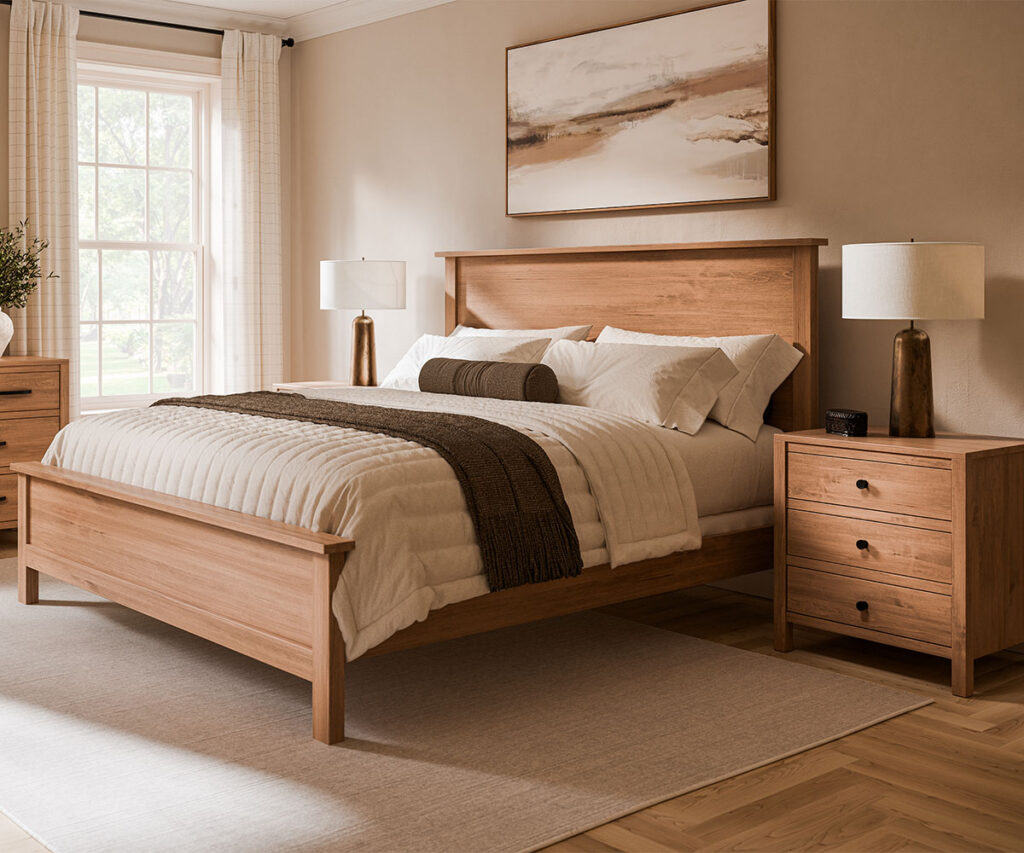 Solid wood bedroom furniture set with bed and matching nightstands.