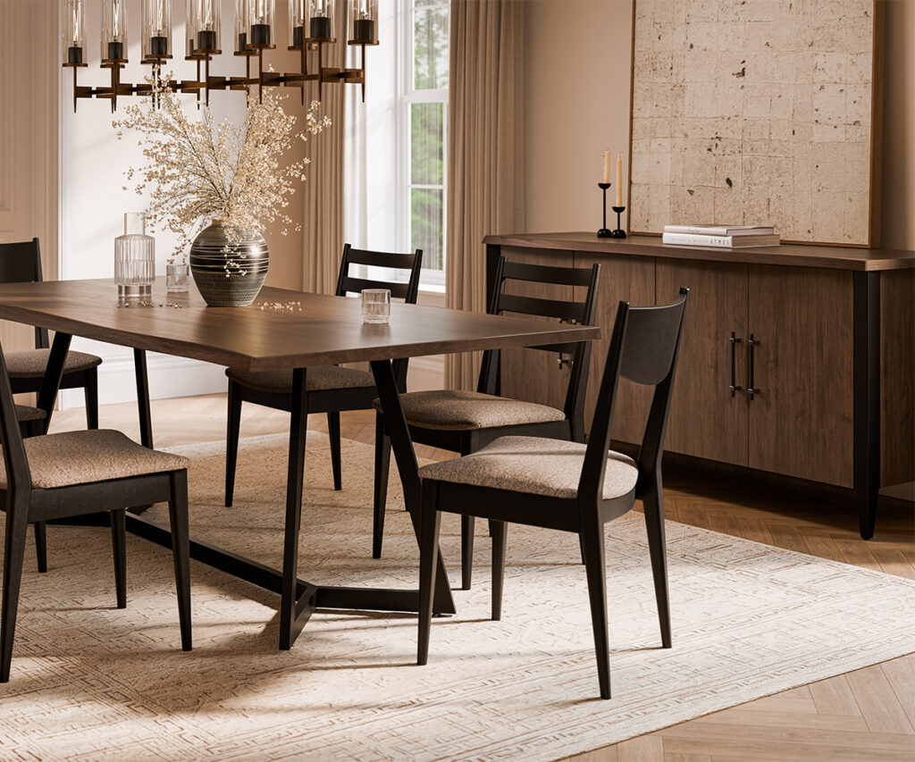 Modern dining room furniture with dark wood table, upholstered chairs, and matching sideboard.